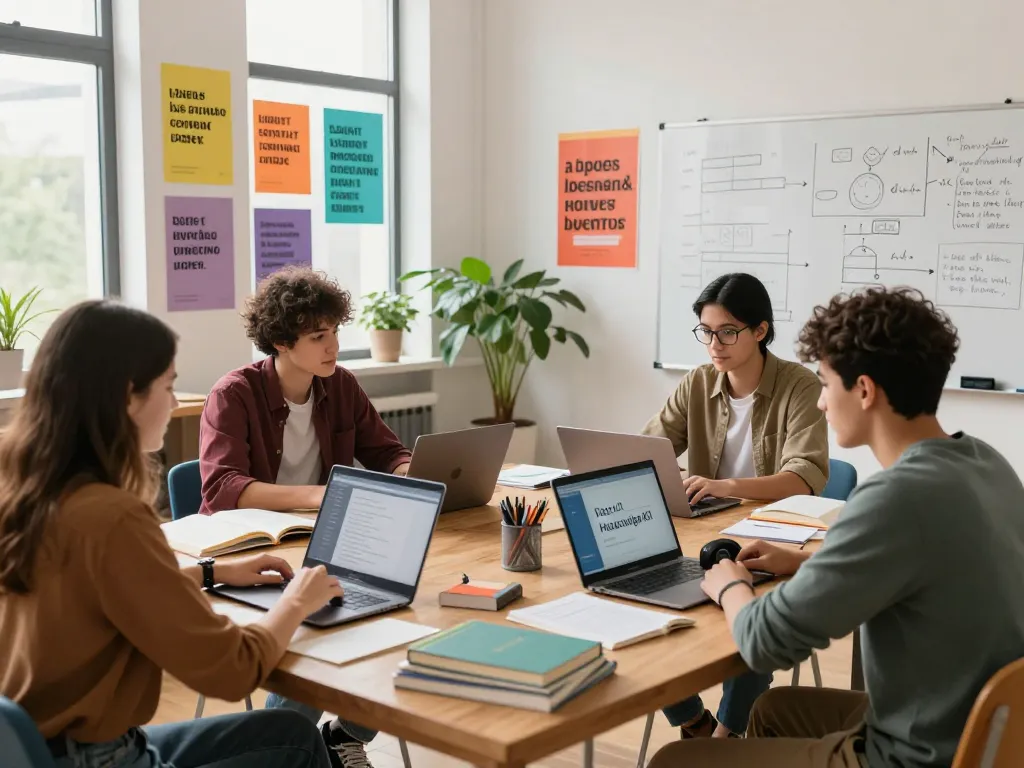 Studierende arbeiten in einem lebhaften Studienraum an Lösungen für Hausaufgaben KI zusammen.