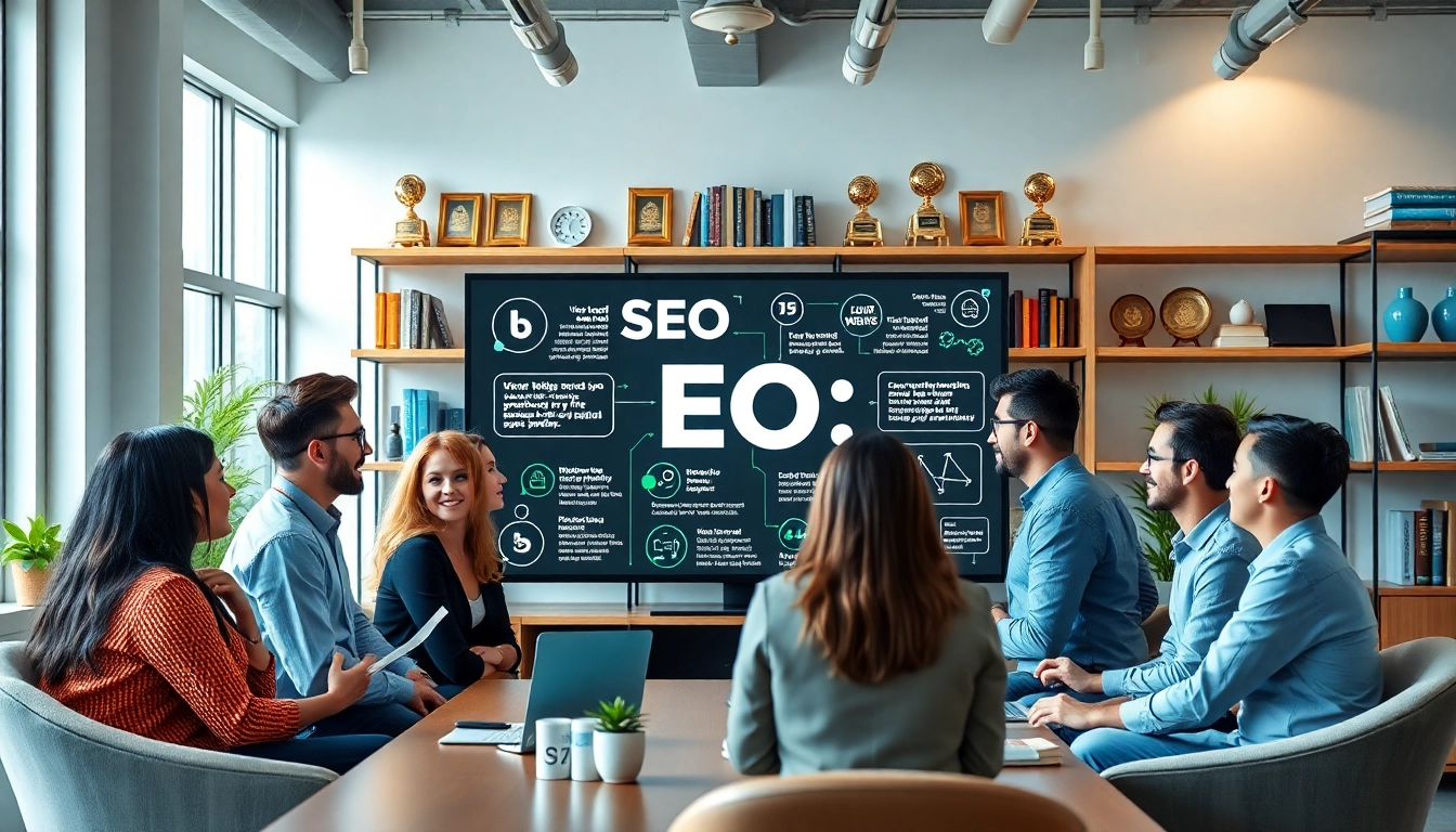 Präsentation von SEO Tipps in einem modernen Büroumfeld mit einem engagierten Team.