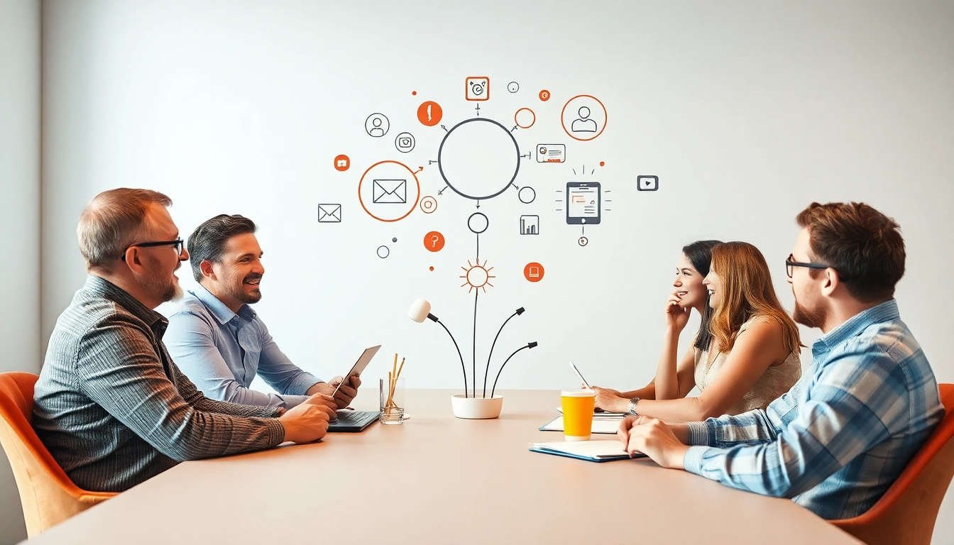 Team arbeitet an einer Social-Media-Marketingstrategie mit kreativen Elementen und Ideenentwicklung.
