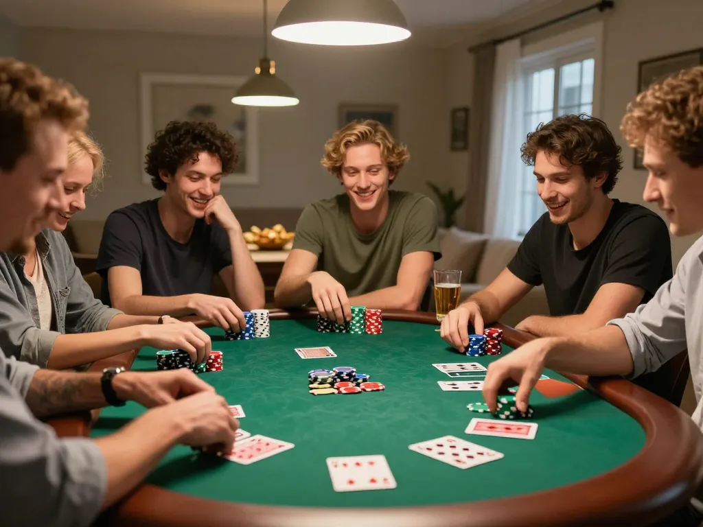 Friends playing poker together, highlighting the engaging atmosphere of mk 8 game night.