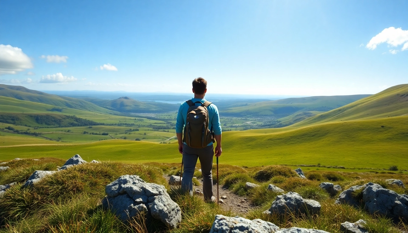Kerry Way wandern: Enthusiastic hiker enjoying stunning views of the Irish landscape.