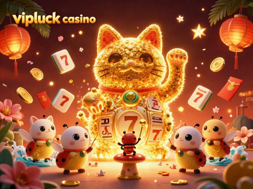 Experience the excitement of vipluck casino with a vibrant illustration featuring a lucky cat and dynamic casino elements.