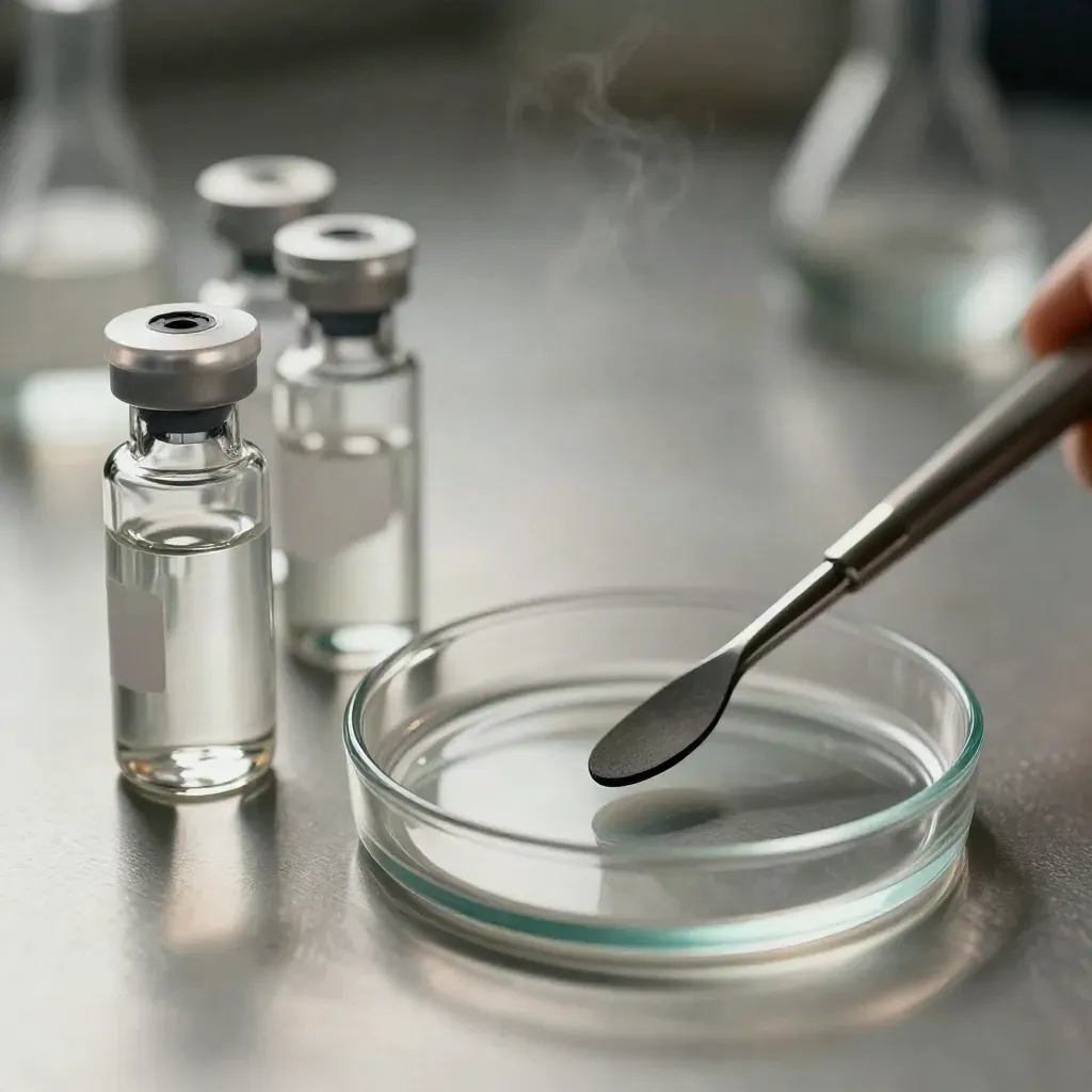 Borosilikat-Vials, Mikrospatel und Laborschale auf gebürstetem Metall mit Dampf