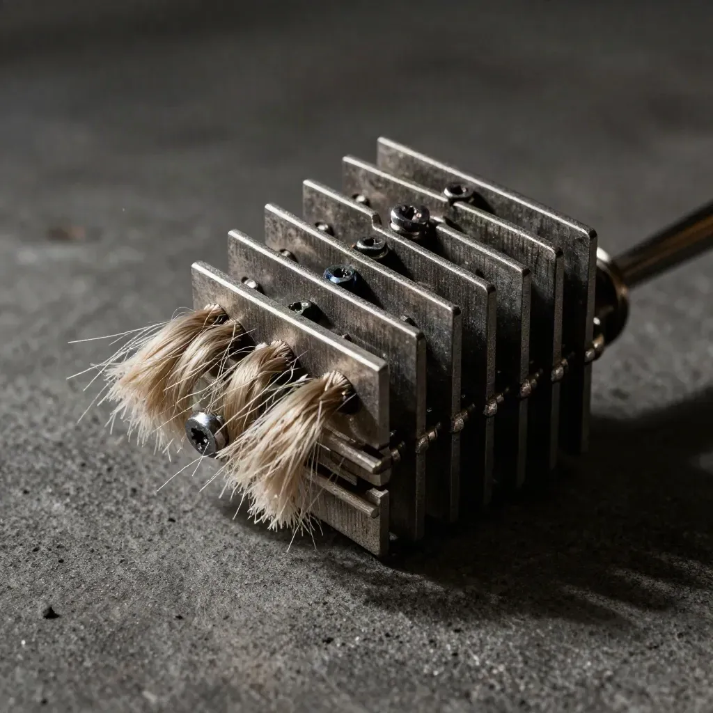 Makro von Kühlrippen, geflochtenen Faserenden und Torx-Schrauben auf dunklem Beton.