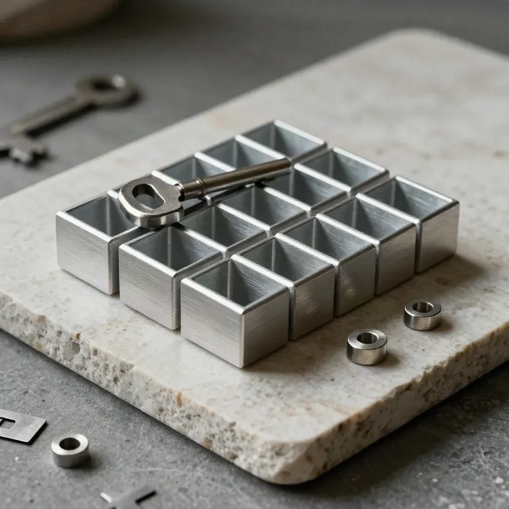Aluminium-Gridblöcke, Eckverbinder und Distanzchips auf hellem Kalkstein, dramatisch von oben