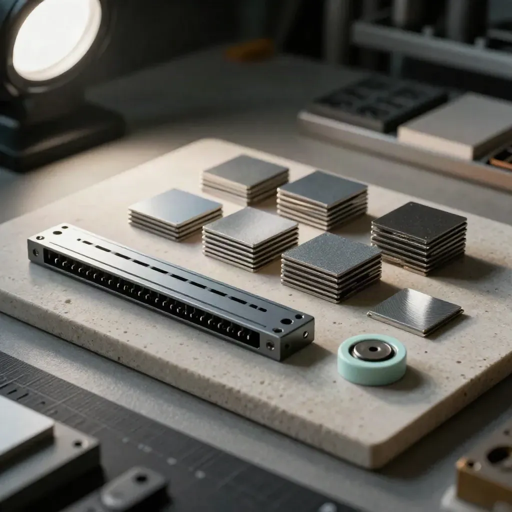 Prototypen-Chips, Connector-Rail und Test-Puck auf hellem Stein.