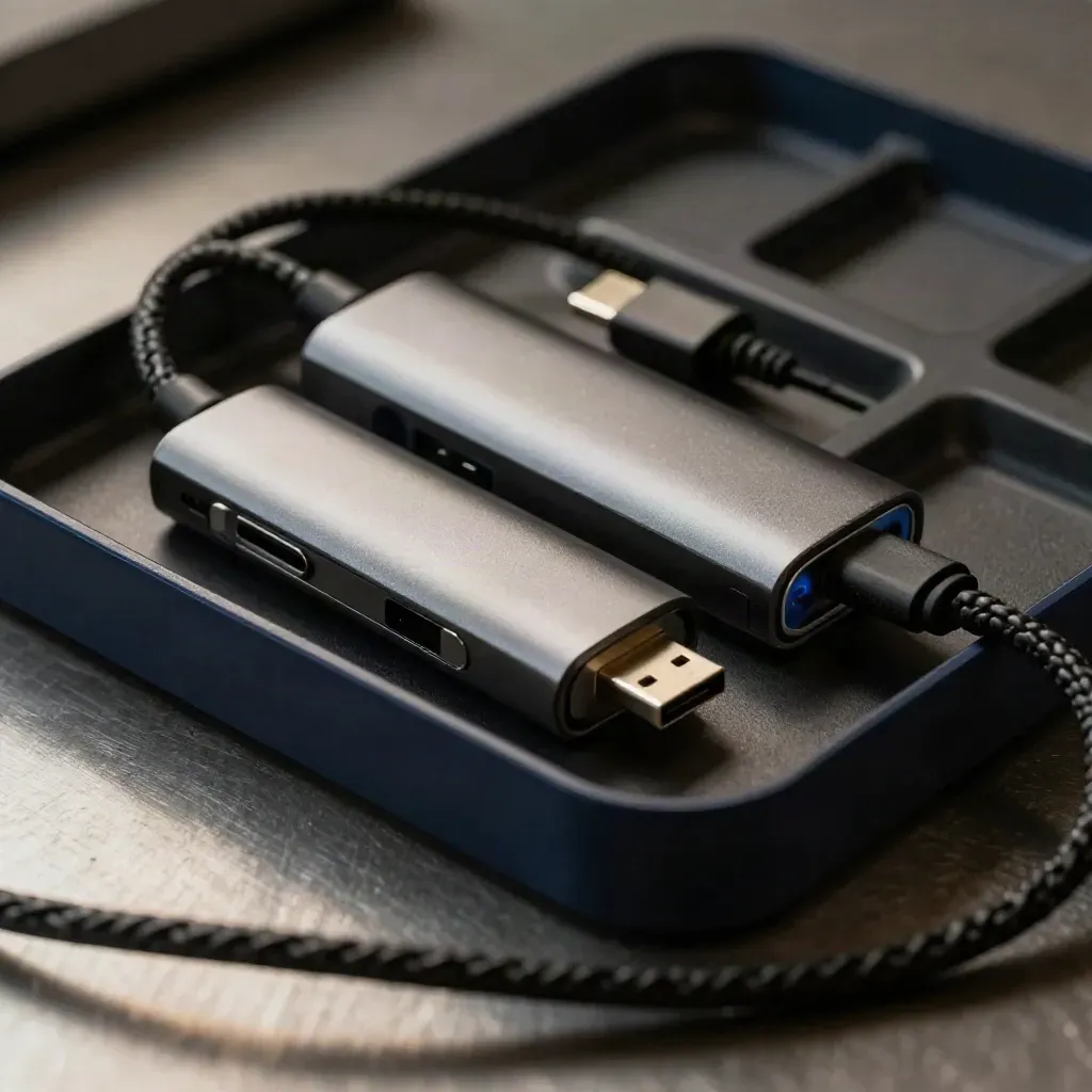 USB-C-Hub-Gehäuse und Kabelenden auf Metall, mit ESD-Tray im dunklen Licht