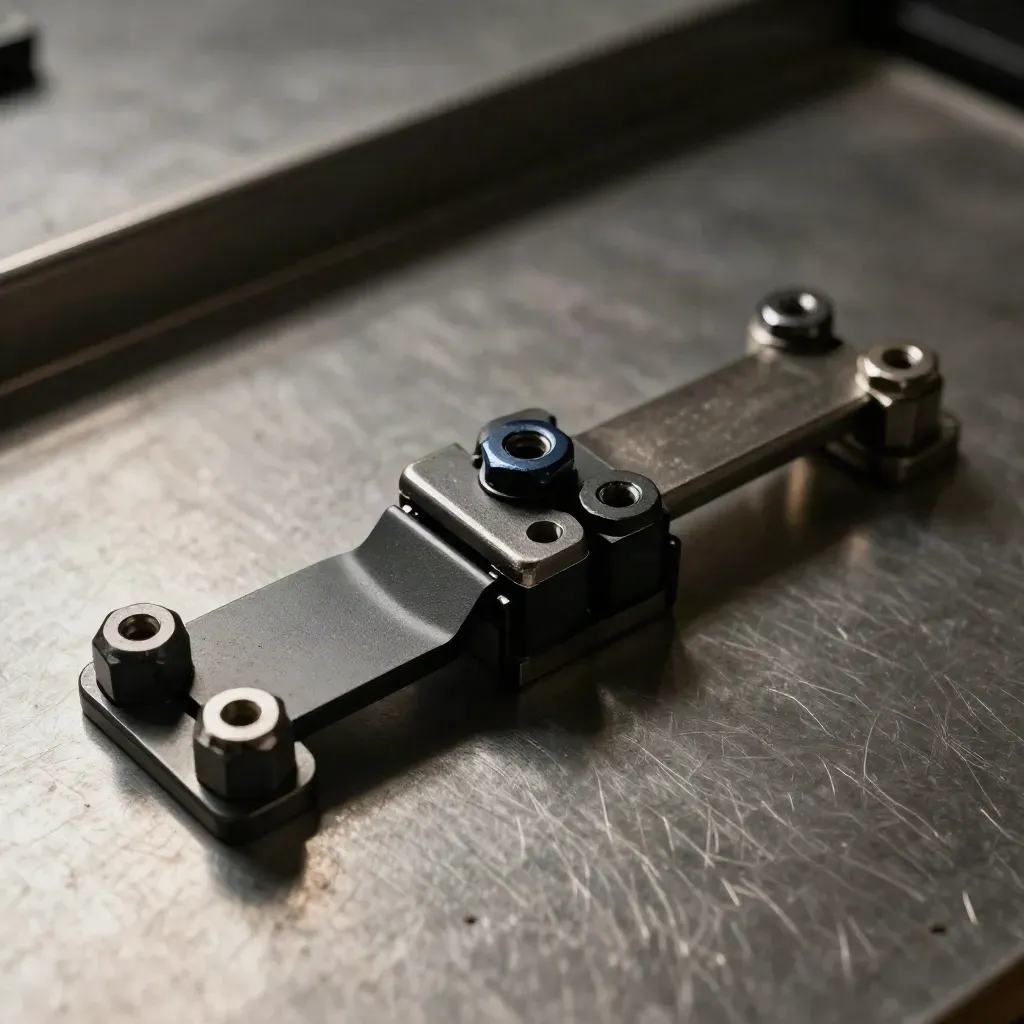 Schwarze Metallhalterungen und ein Gelenkrail auf gebürstetem Stahl im Makro
