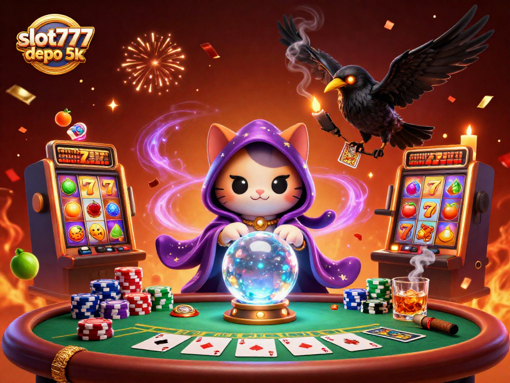 Engage with slot777 depo 5k through a vibrant illustration featuring dynamic characters and casino elements.