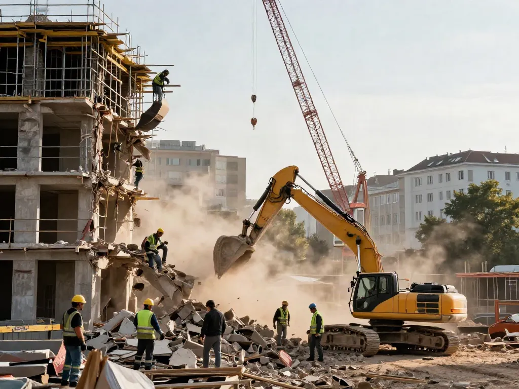 Abbruch Wien auf Baustelle in Wien, Arbeiter bei der Demontage eines Wohngebäudes.