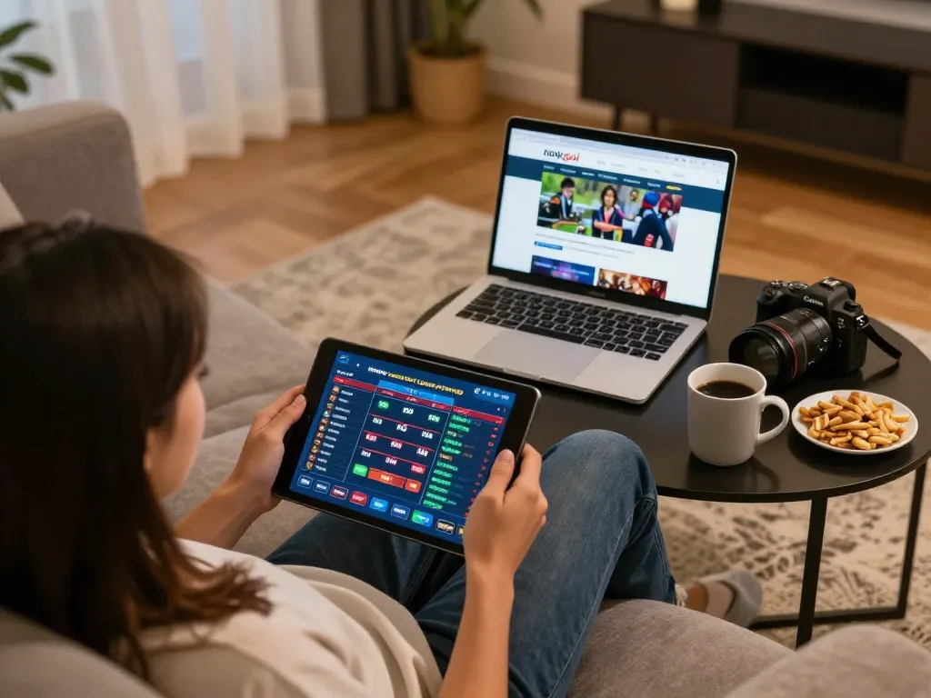 Check live betting on nowgoal trang soi kèo in a cozy home setup with tablet and laptop.