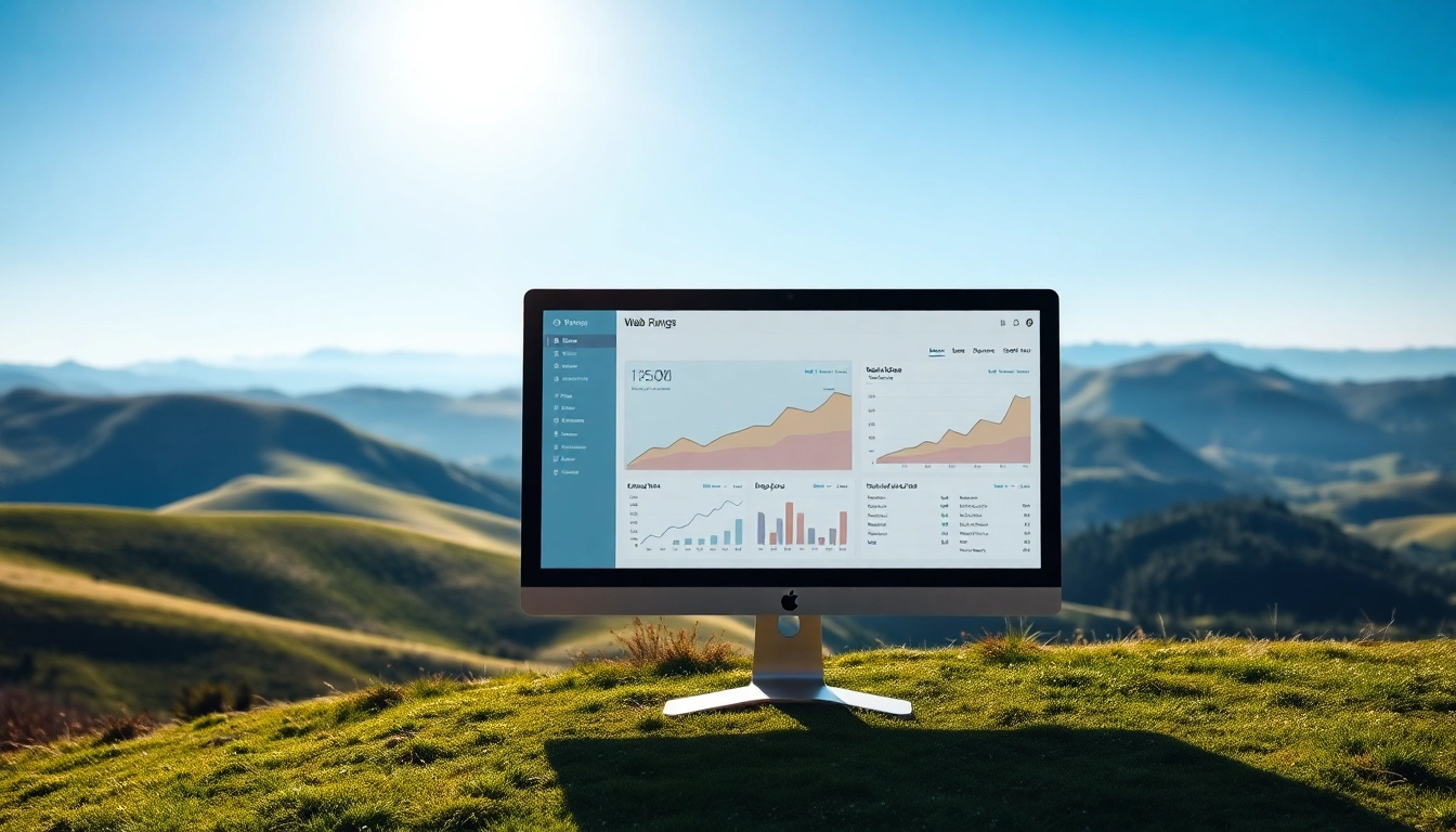 Analyse des Web-Rangs auf einem Computerbildschirm vor einer ruhigen Landschaft.