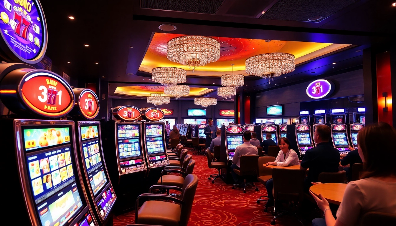Erlebe einen Casino Bonus mit lebhaftem Casino-Interior, leuchtenden Spielautomaten und glücklichen Spielern.