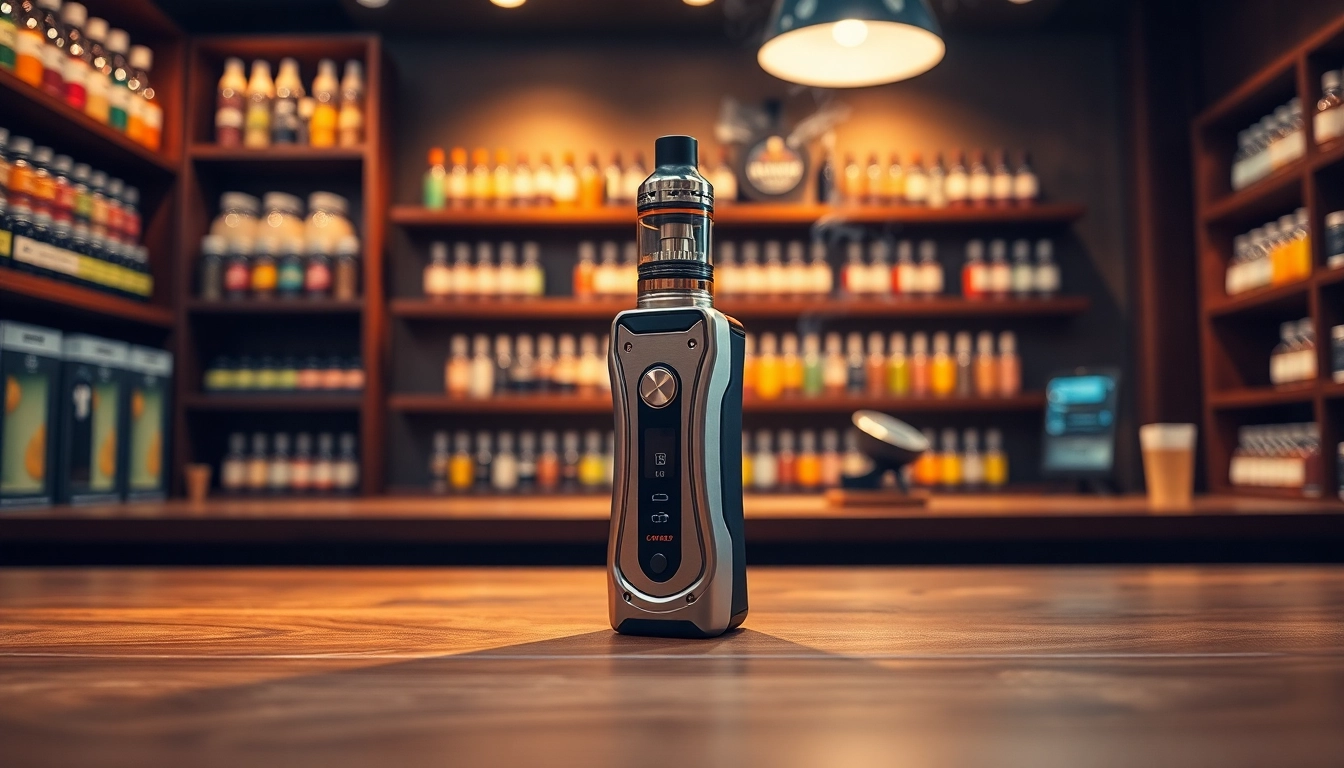 HDQ Vape-Gerät auf einem stilvollen Tisch in einem einladenden Vape-Shop präsentieren.