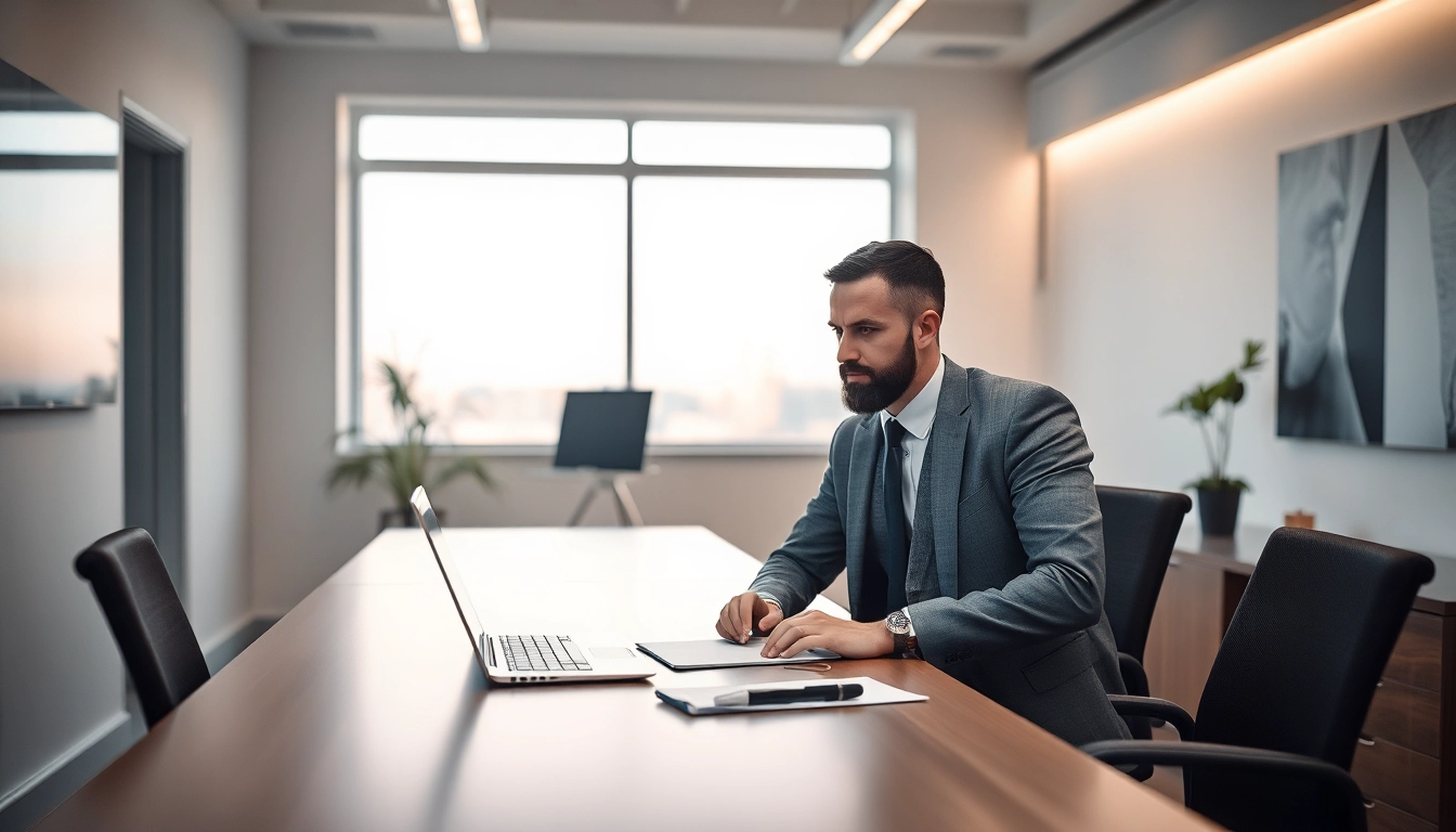 Headhunter arbeitet am Laptop in einem modernen Büro mit sachkundiger Professionalität.
