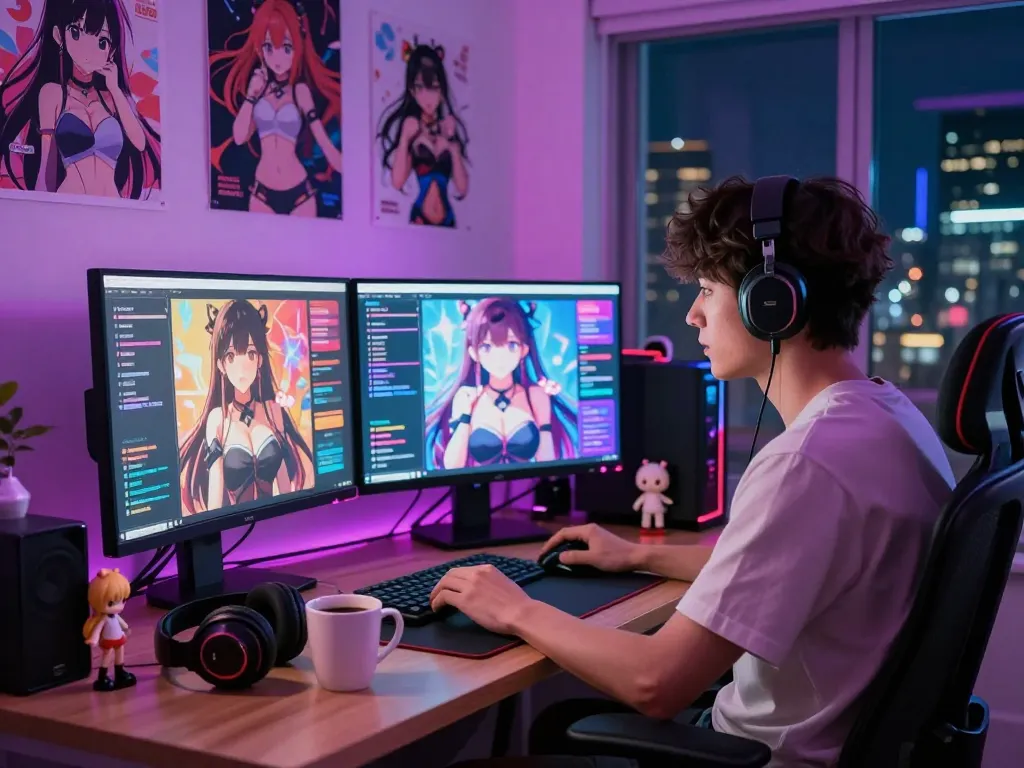 Engaging in hentai ai chat with vibrant character designs and creative workspace ambiance.