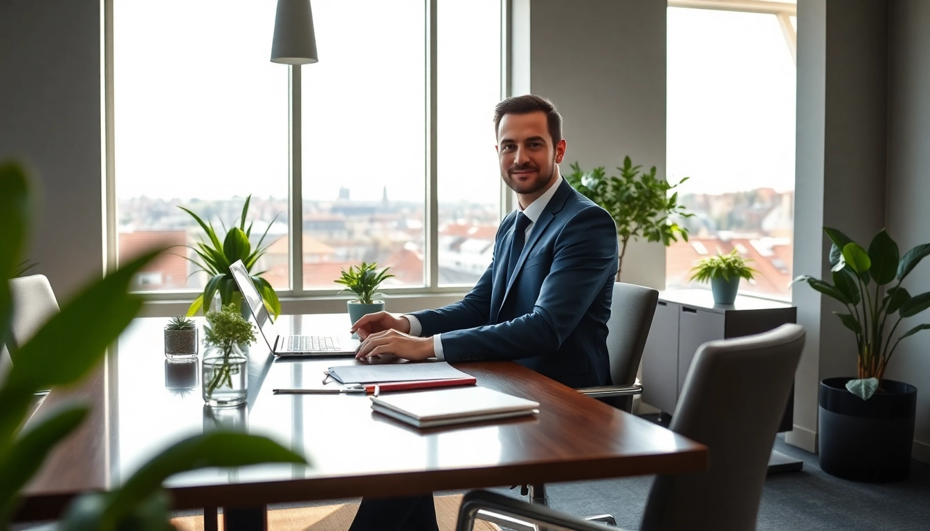 Headhunter Solingen bei der Arbeit in einem modernen Büro mit entspannter Atmosphäre und Stadtansicht im Hintergrund.