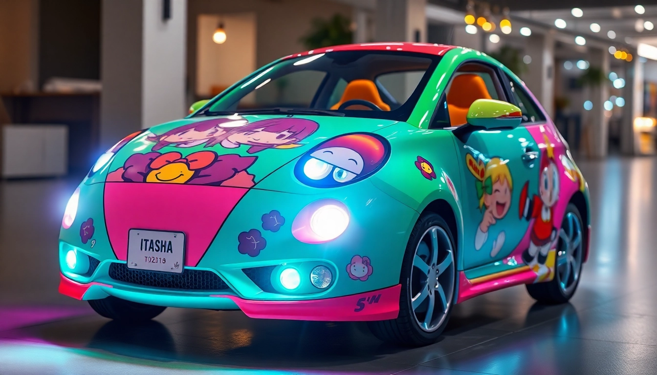 Personalisierte Itasha Car mit lebhaften Anime-Charakteren verziert, das auf einer belebten Straßenkonvention präsentiert wird.