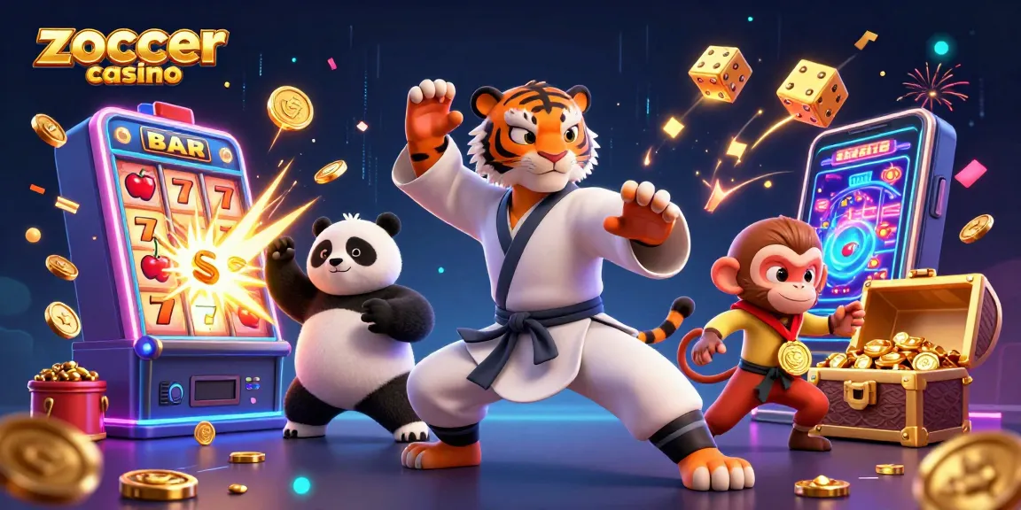 Experience thrilling gameplay at zoccer casino with vibrant illustrations of slot machines and animated characters.