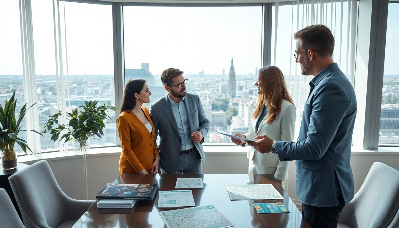 Immobilienmakler Frankfurt Dornbusch berät ein Paar in einem eleganten Büro und bietet professionelle Unterstützung an.