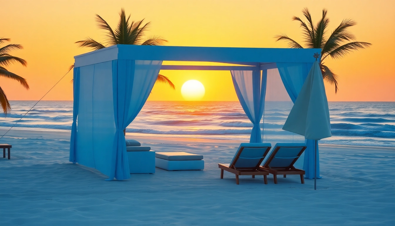 Entspanne in einem Coastal Cabana am Strand mit Palmen und Sonnenuntergang.