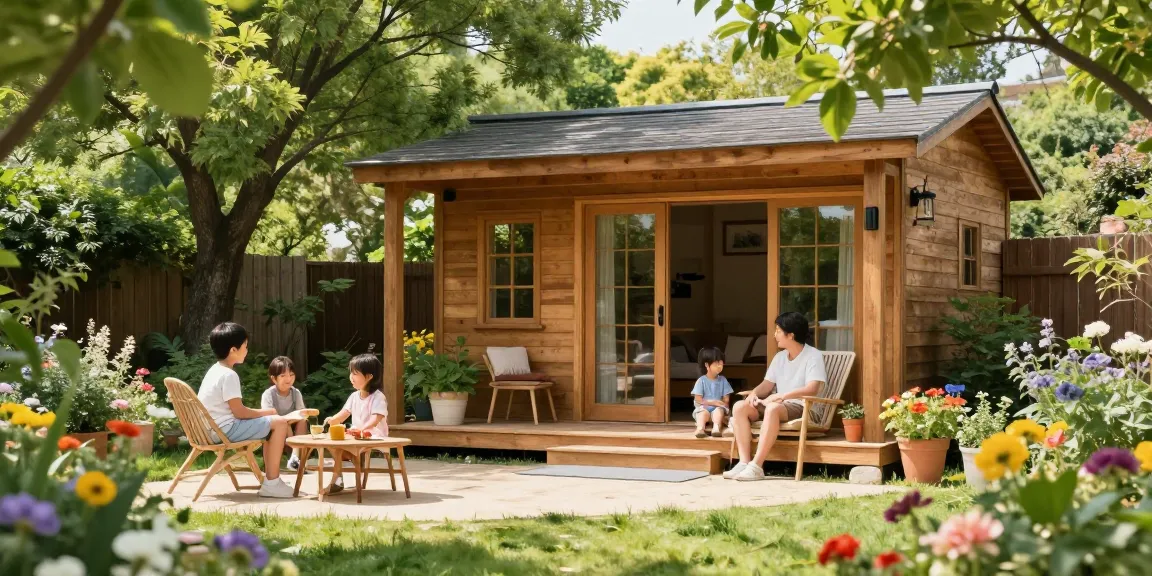 Elegantes Gartenhaus Holz umgeben von bunten Blumen und einer einladenden Sitzecke im sonnigen Garten.