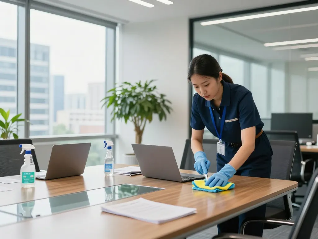 Reinigungsfirma für Gewerbe in Münster, professionelles Reinigungsteam, das Büroräume desinfiziert und Hygiene sowie Produktivität fördert.