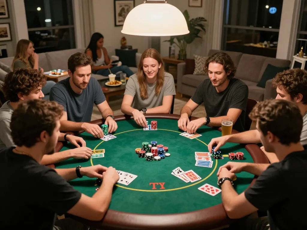 Spieler engagieren sich im Texas Hold'em während eines freundlichen Pokerabends, wobei Immobilienmakler Frankfurt Preungesheim ihr soziales Erlebnis verbessert.