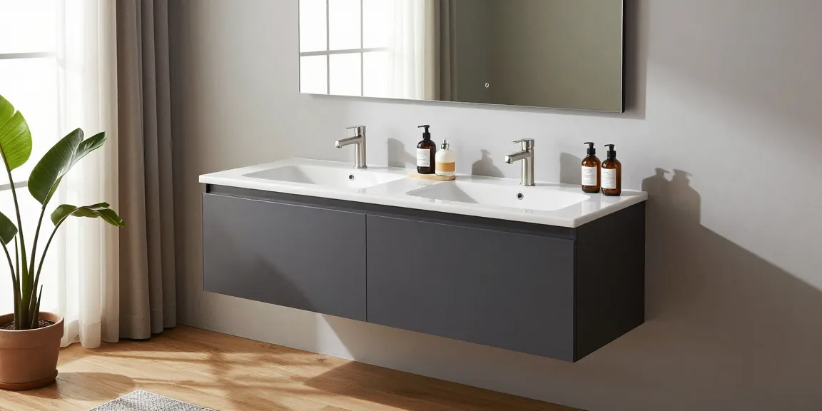 Stijlvolle wastafelonderkast 140 cm met dubbele wasbak in een moderne badkamer, die elegantie en functionaliteit toont.