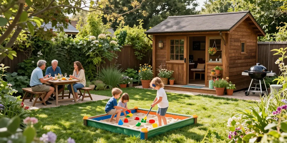 Gartenhaus kaufen: Eine Familie genießt die Zeit im Gartenhaus mit Spiel und Erholung.