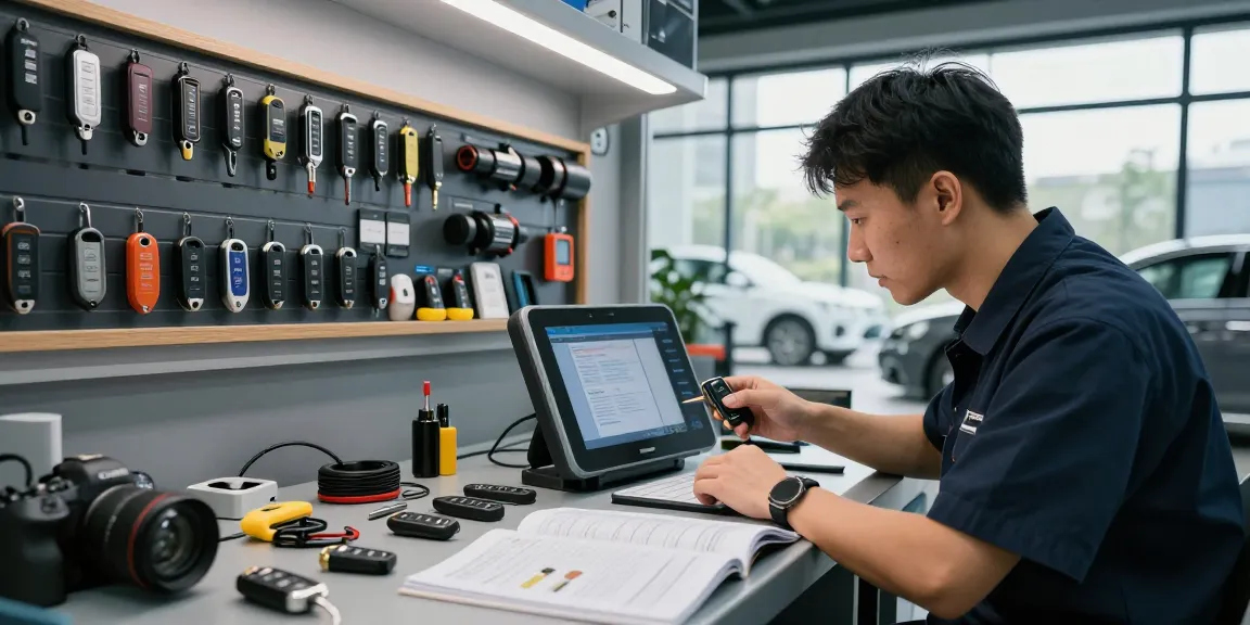 Techniker programmiert Schlüssel für Autoschlüssel-Lösungen, Bitte schön Service in moderner Werkstatt