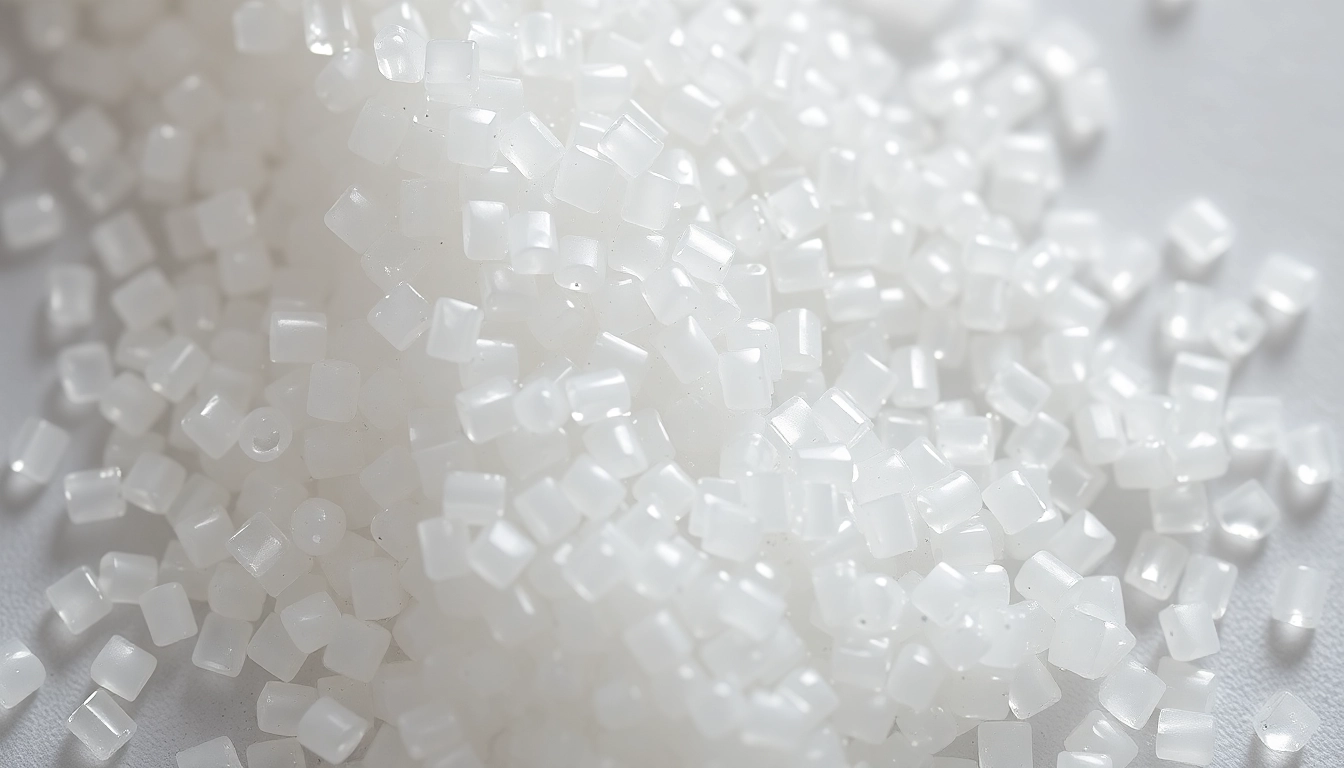 Polymethylmethacrylat im Spritzguss with clear granules demonstrating light transmission and clarity.