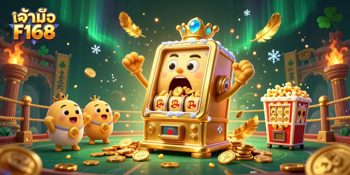 Experience exciting gameplay at เจ้ามือ F168 with a colorful slot machine scene bursting with coins and fun elements.