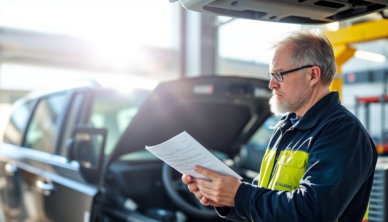 Prüfung eines Fahrzeugs gemäß DGUV 70 durch einen Mechaniker, der sicherheitsrelevante Aspekte überprüft.