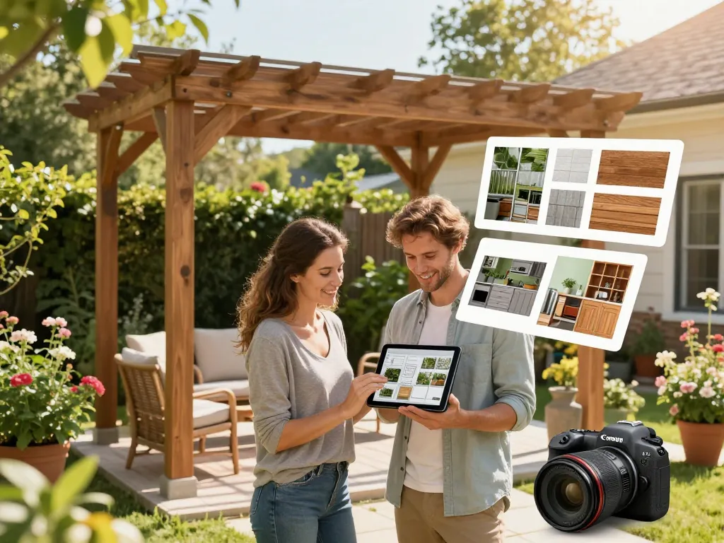 Paar, das den Pergola Konfigurator verwendet, um eine maßgeschneiderte Gartenpergola zu gestalten, zeigt AR-Visualisierungen und eine wunderschöne Gartenumgebung.