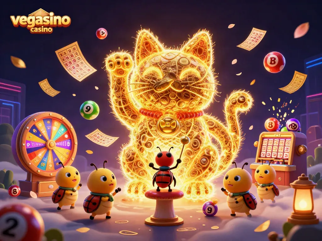 Engage with the vibrant world of vegasino casino showcasing a giant lucky cat surrounded by lively gambling elements.