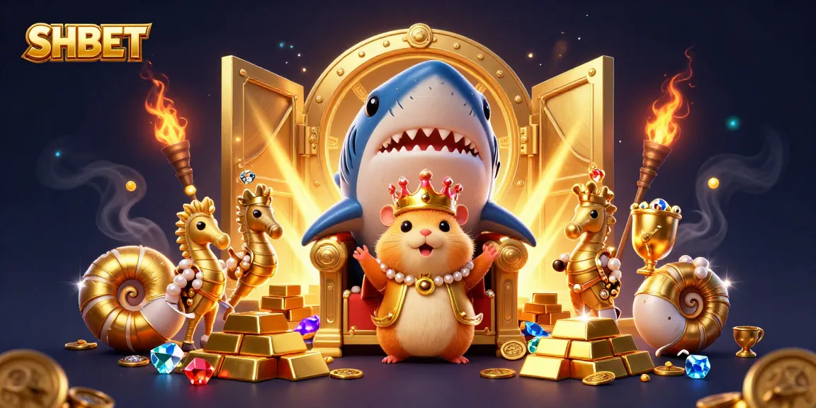 Win big with SHBET in a vibrant 3D casino scene featuring a hamster king and treasure galore!