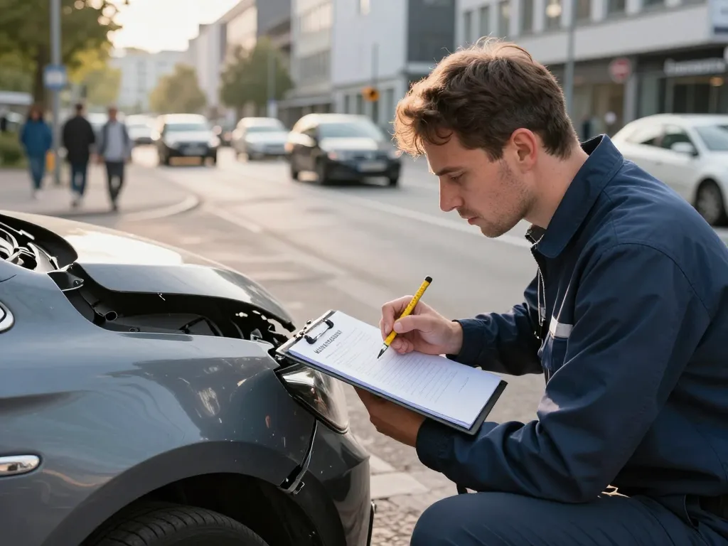 Kfz Sachverständiger Düren inspiziert Fahrzeugschäden auf einer städtischen Straße.