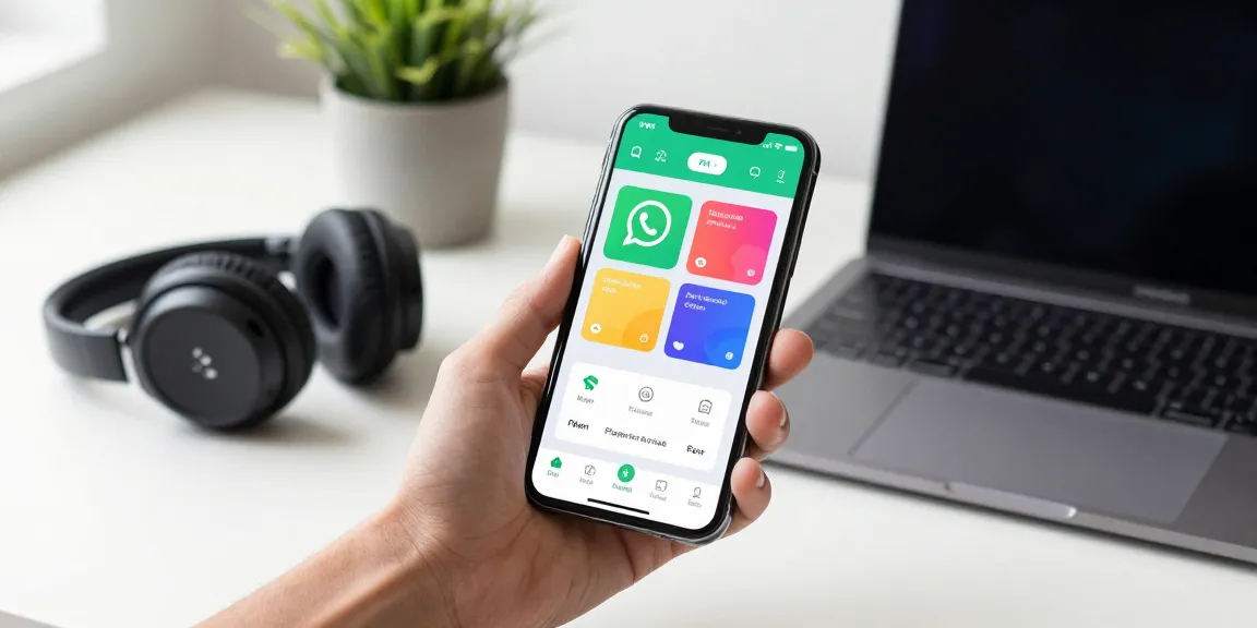Explore FM WhatsApp app on smartphone showcasing vibrant customization features.