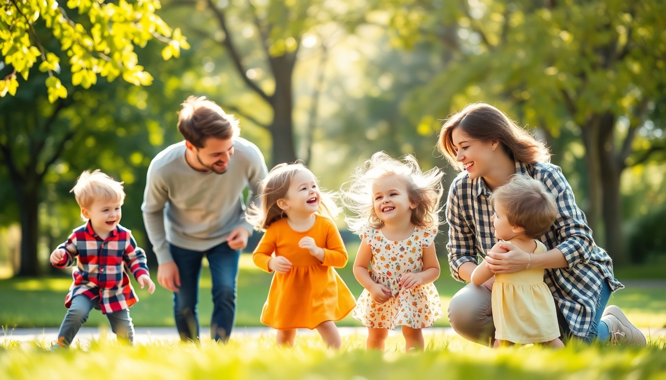 Kindererziehung in einer modernen Familienszene mit Eltern und Kindern, die im Park spielen und lachen.