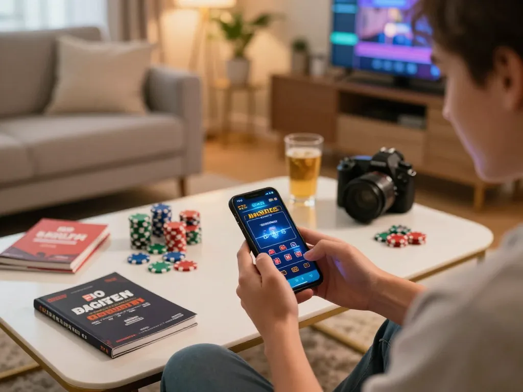 Engaging in mobile gambling with 888NEW app and strategic setup at home for responsible gaming.