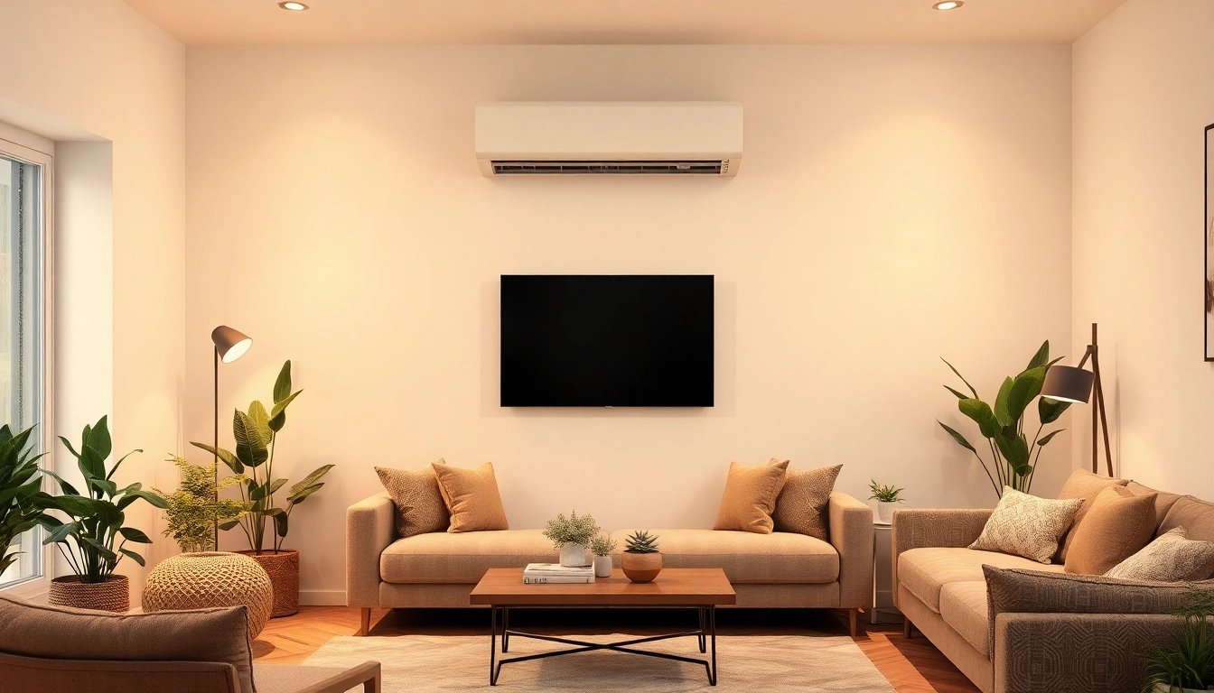 Klimaanlage kaufen: Moderne Klimaanlage im stilvollen Wohnzimmer mit angenehmer Atmosphäre und dekorativen Elementen.