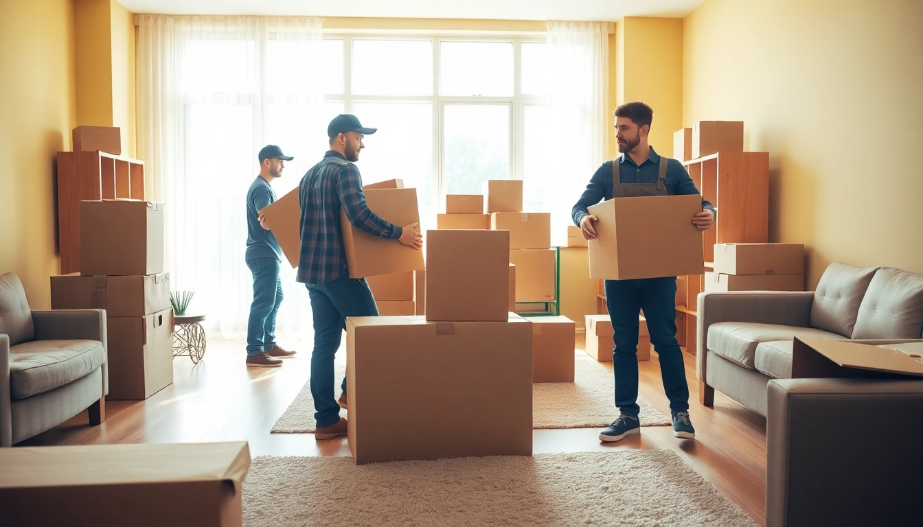 Umzugsunternehmen Worms packen professionell Haushaltswaren in einem geräumigen Zimmer.