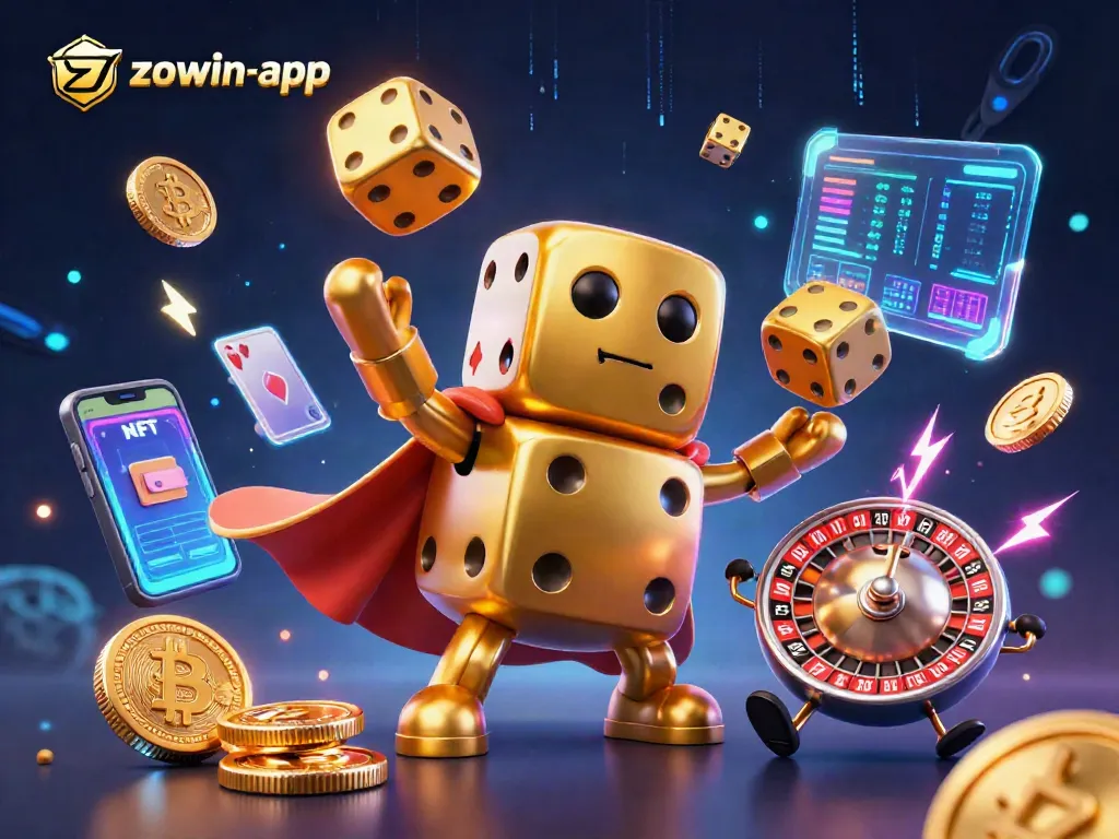 Win big with the zowin-app, showcasing an exciting golden dice golem amidst vibrant gaming elements.