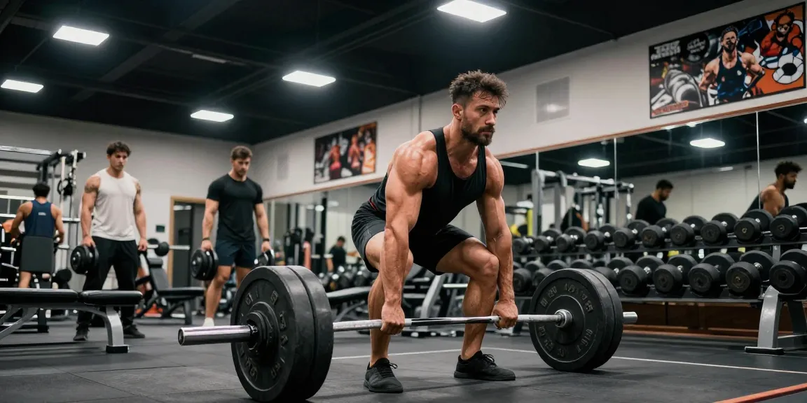 Anabolika Shop Deutschland - engagierter Bodybuilder hebt Gewichte in einem hellen Fitnessstudio, verkörpert Stärke und Fitnessziele.