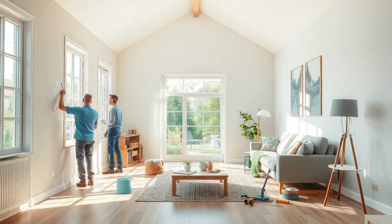 Renovierung eines Hauses: Handwerker arbeiten an einem sanften, stilvollen Innenraum.