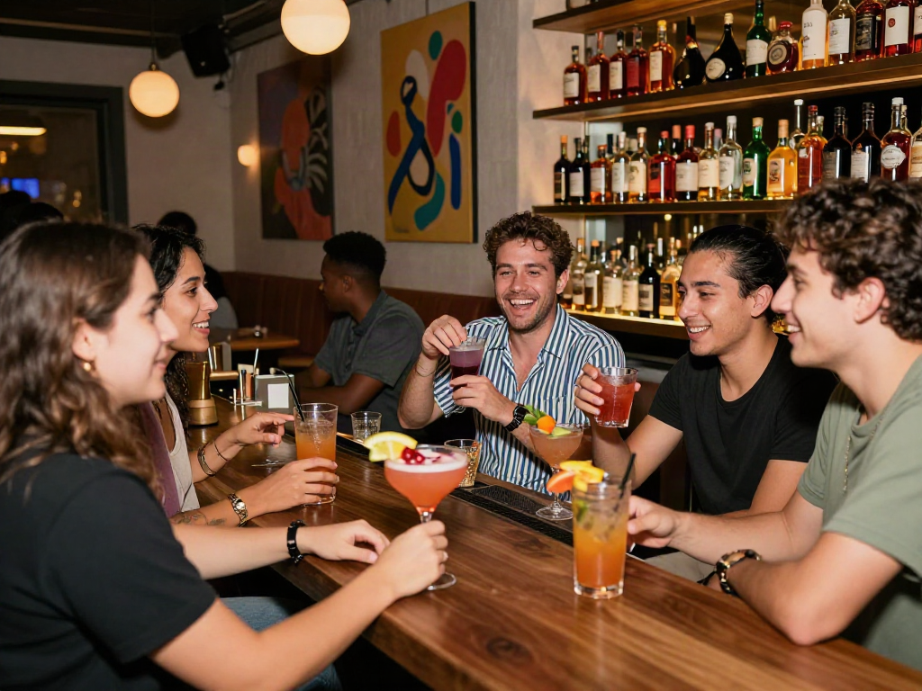 Group enjoying rokok88 cocktails in a lively urban lounge setting