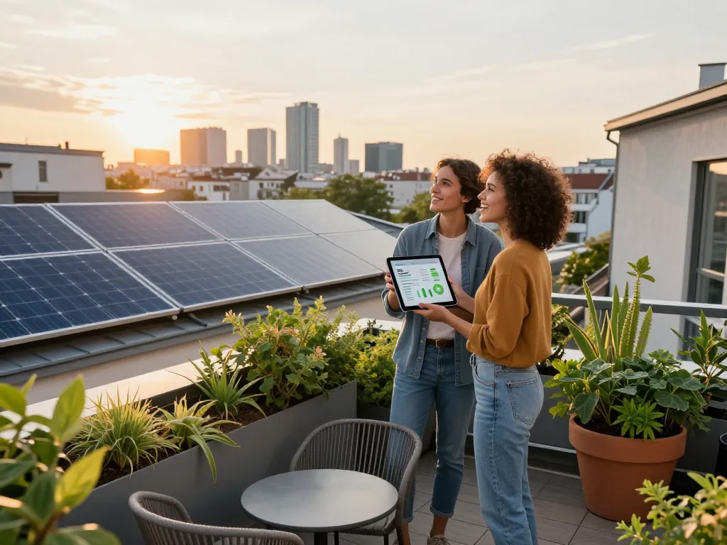 Paar, das die Solar Wien Solarpanels auf dem Dach begutachtet und umweltfreundliche Energielösungen in Wien feiert.