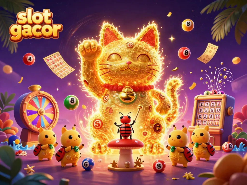 Experience the magic of slot gacor with a vibrant golden cat and dynamic casino elements.