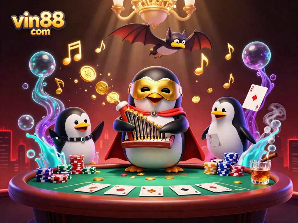 Experience vin88 com with playful 3D characters amidst an immersive casino scene featuring poker elements.